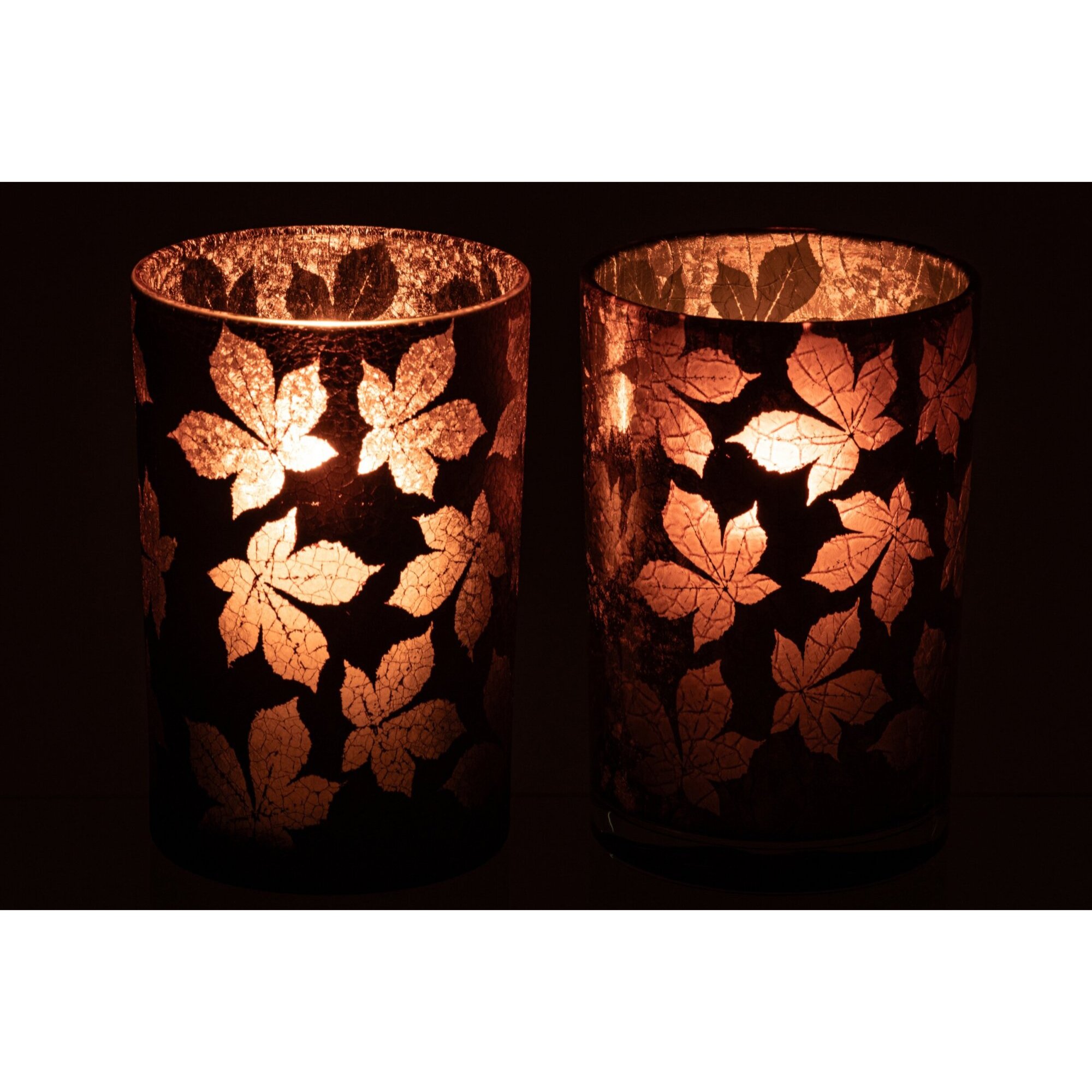 J-Line photophore feuilles craquelé - verre - marron foncé/beige - large - assortiment de 2