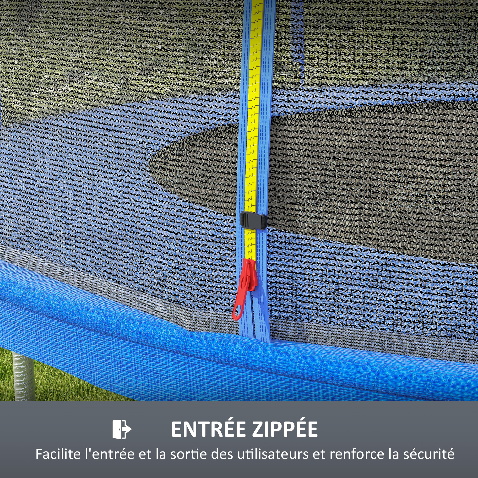 Filet de sécurité trampoline porte zipée Ø 366 cm 8 poteaux bleu noir