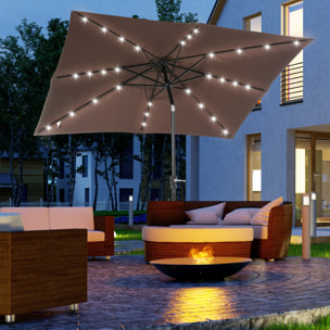 Sombrilla Terraza Exterior con Luces LED 268x205x248 cm Sombrilla de Jardín con Techo Inclinable hasta 45° Solares Poste de Acero y Manivela Parasol para Patio Terraza Marrón