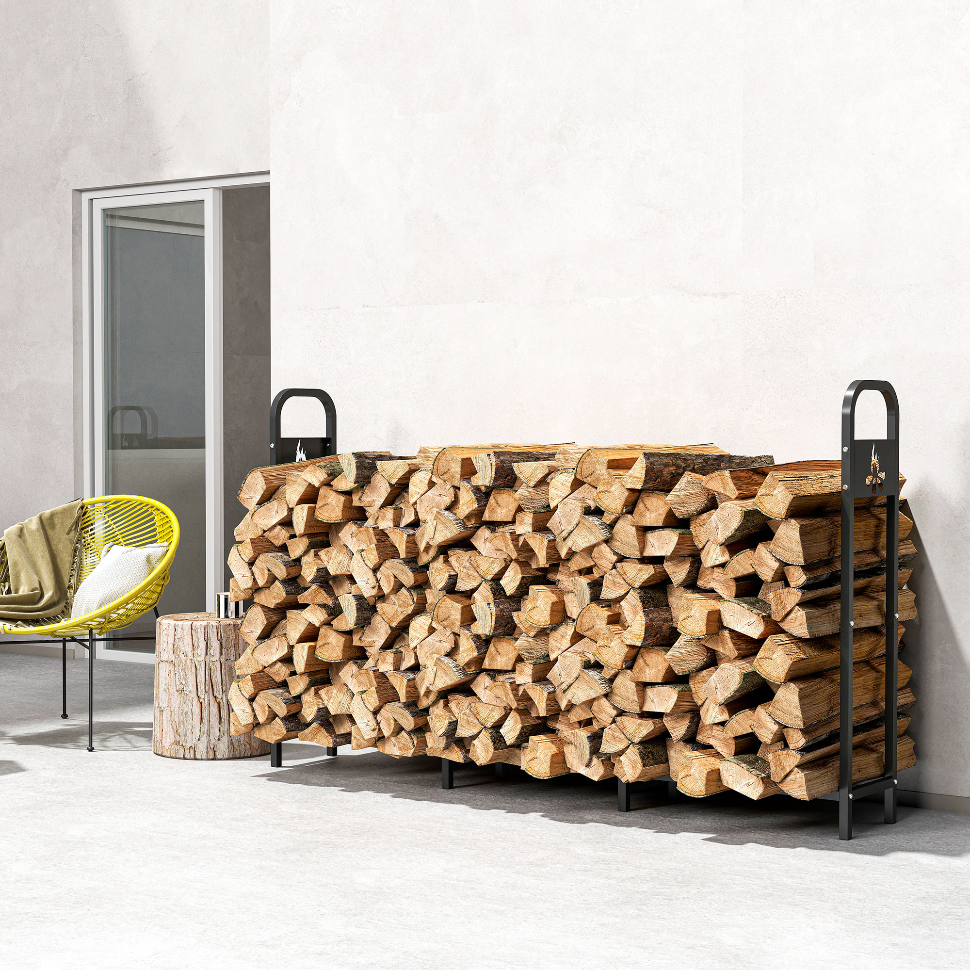 Estante de Leña Metálico, 199x30x121 cm, Leñero Exterior con Marco de Acero, Patas Extra Reforzadas y Diseño Recortado de Fogata, Soporte para Leña de Chimenea, Carga 300 kg, para Jardín