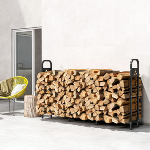 Estante de Leña Metálico, 199x30x121 cm, Leñero Exterior con Marco de Acero, Patas Extra Reforzadas y Diseño Recortado de Fogata, Soporte para Leña de Chimenea, Carga 300 kg, para Jardín