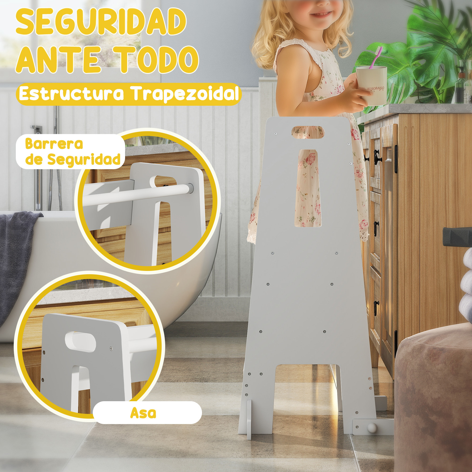 Torre de Aprendizaje Taburete de Aprendizaje para Niños de +3 Años con Pedal Altura Ajustable en 3 Niveles y Barrera de Seguridad para Baño Cocina 45x47,5x91 cm Blanco