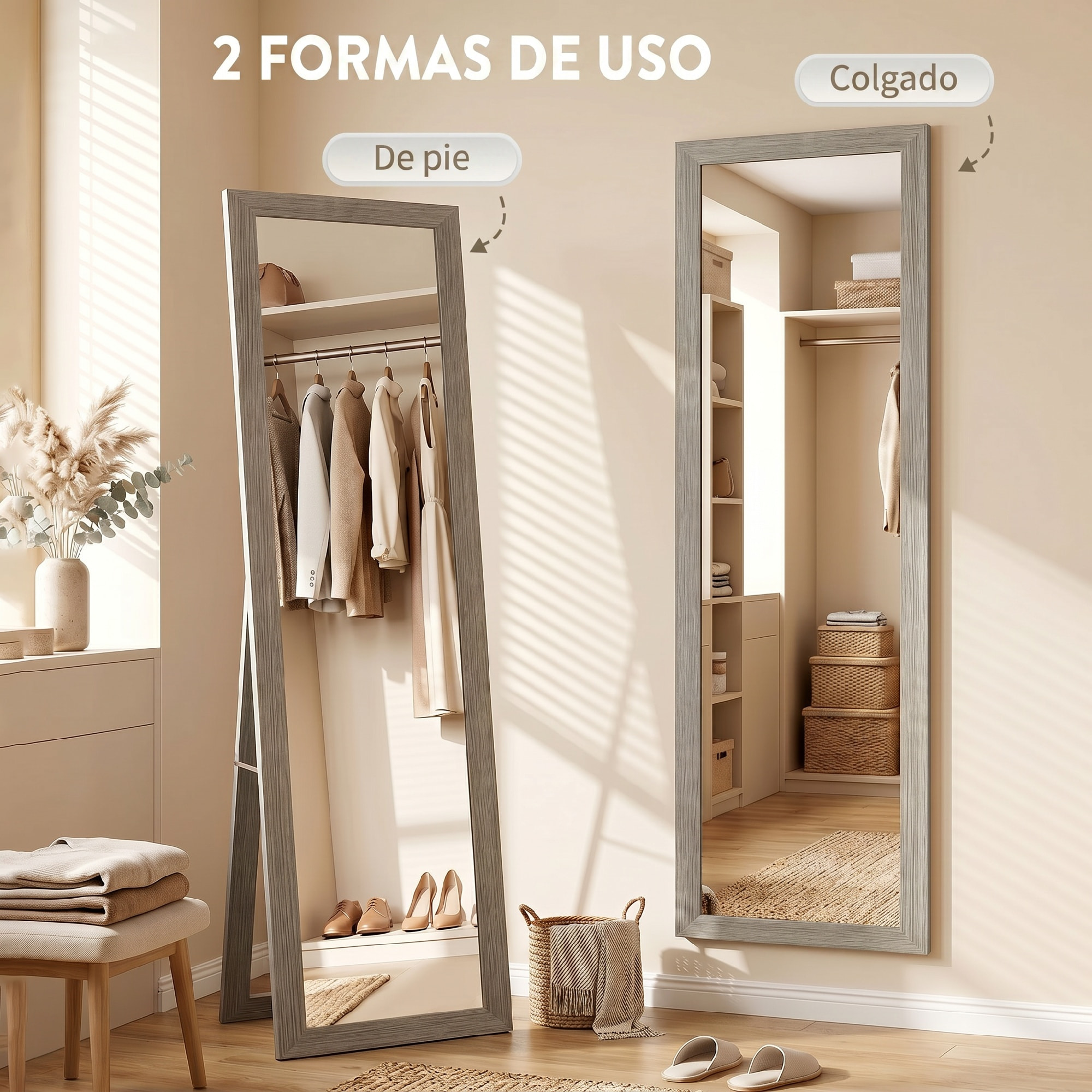 HOMCOM Espejo de Pie Cuerpo Entero 157x37 cm, Espejo de Cuerpo Entero con Soporte, 3 Formas de Uso, Independiente, Montaje Pared y Apoyado, para Salón, Entrada, Dormitorio, Gris