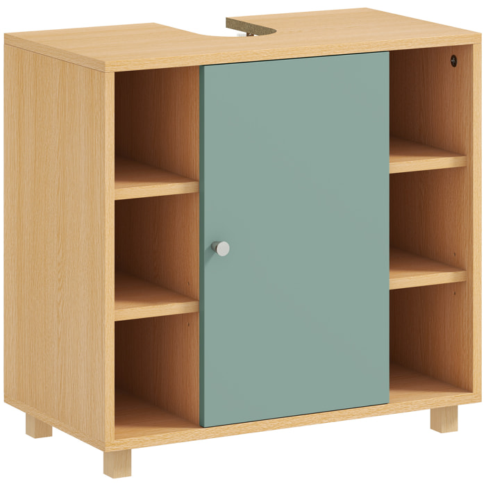 Meuble sous vasque 6 niches porte étagère dim. 60 x 33 x 57 cm effet bois clair vert d'eau