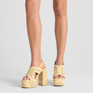 Sandalia destalonada Francina tacón forrado en rafia natural bordada con hebilla