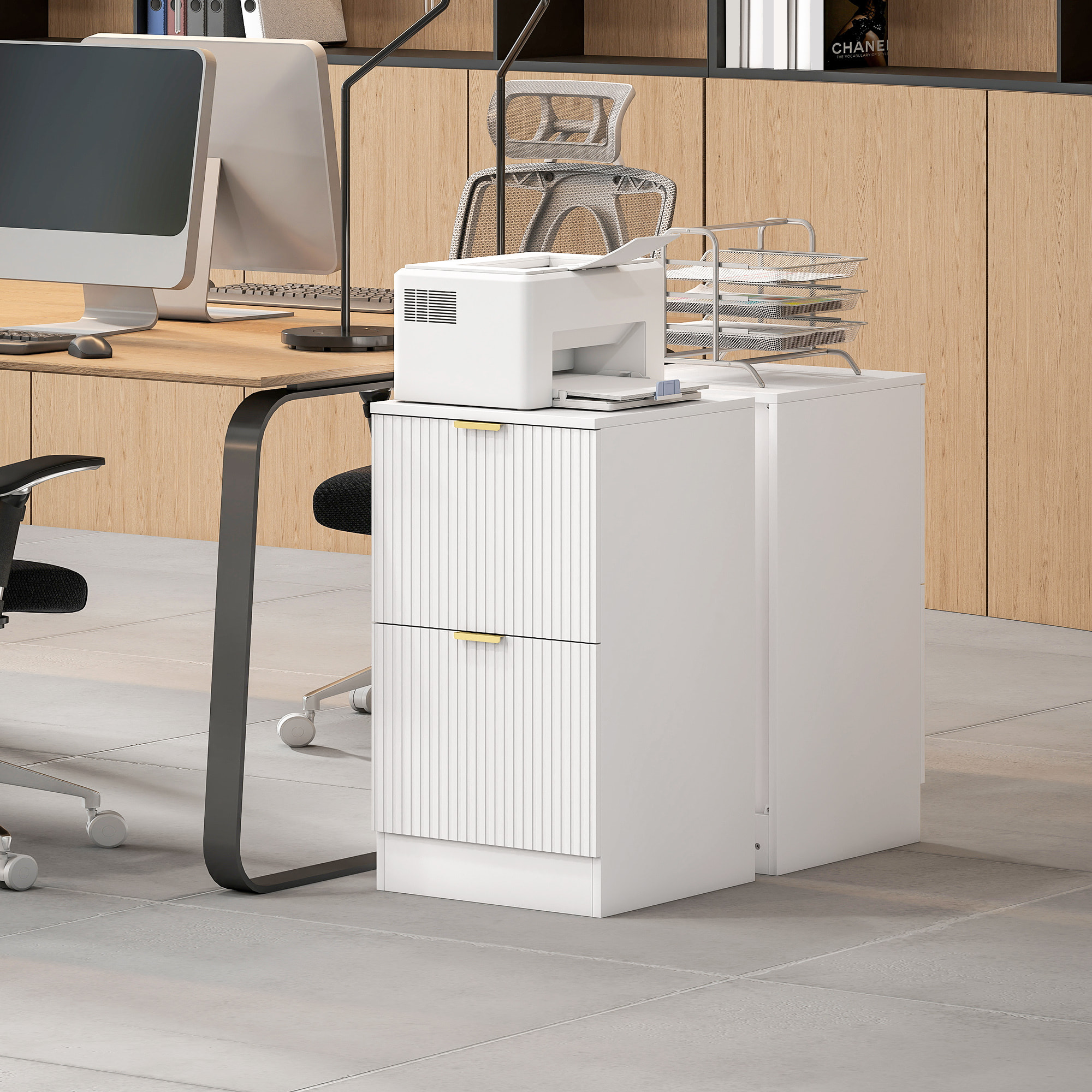 Cajonera de Oficina con 2 Cajones Cajonera de Escritorio con Frentes Acanalados Mueble Archivador para Tamaño A4 o Carta para Estudio 40x40x71 cm Blanco