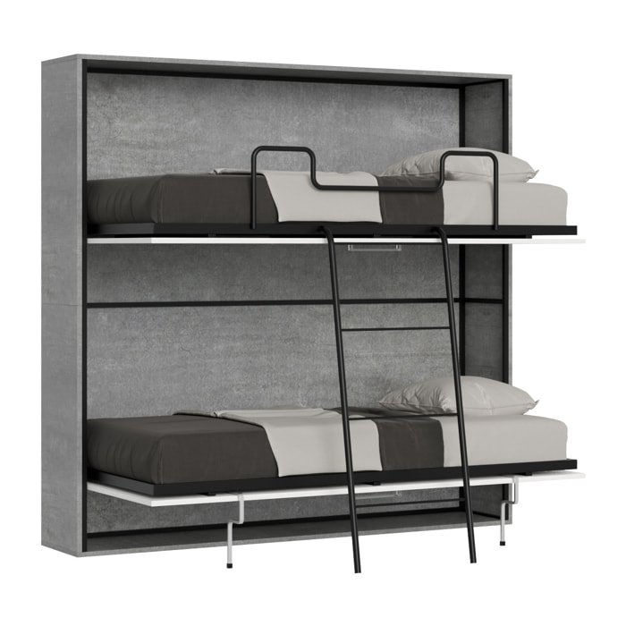 Armoire Lit escamotable horizontal superposé 2 couchages 85 KANDO Ciment avec matelas