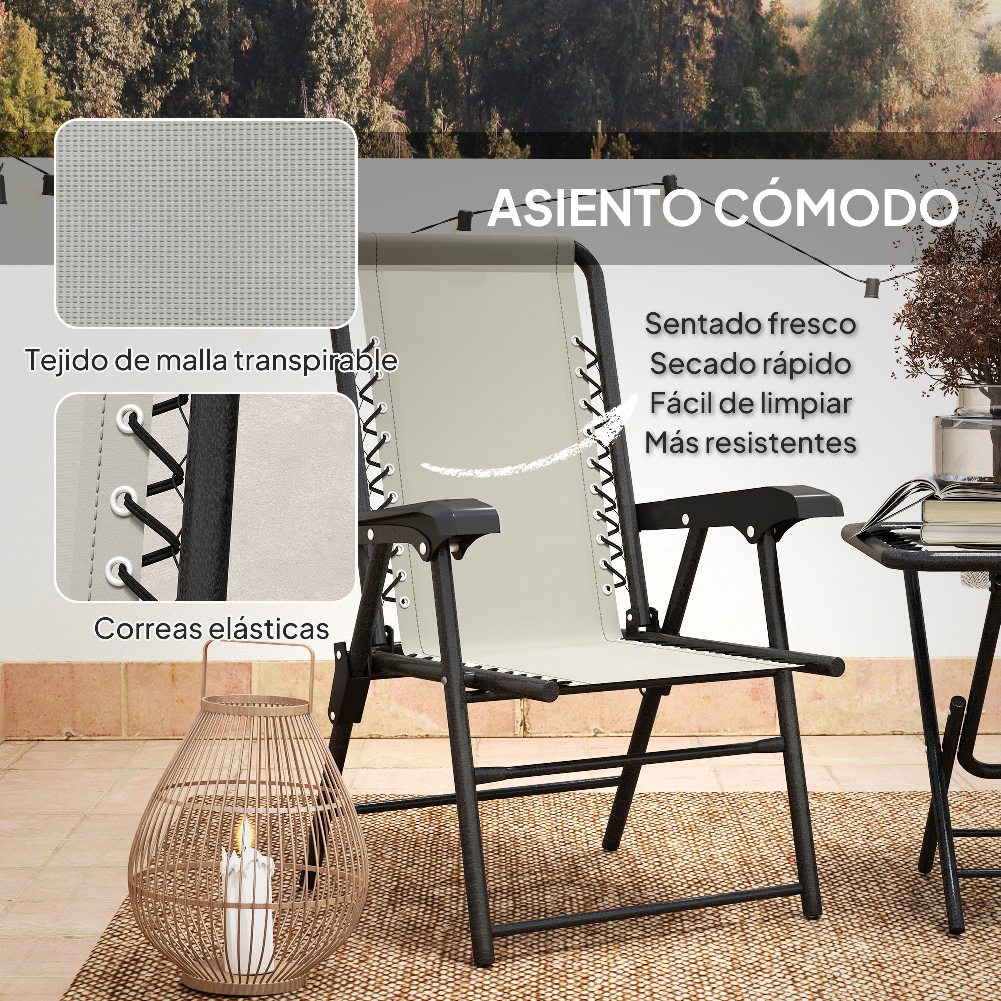 Conjunto de Mesa y Sillas de Terraza Exterior de 3 Piezas Muebles de Jardín Exterior Plegables con Estructura de Acero y Portavasos para Patio Crema