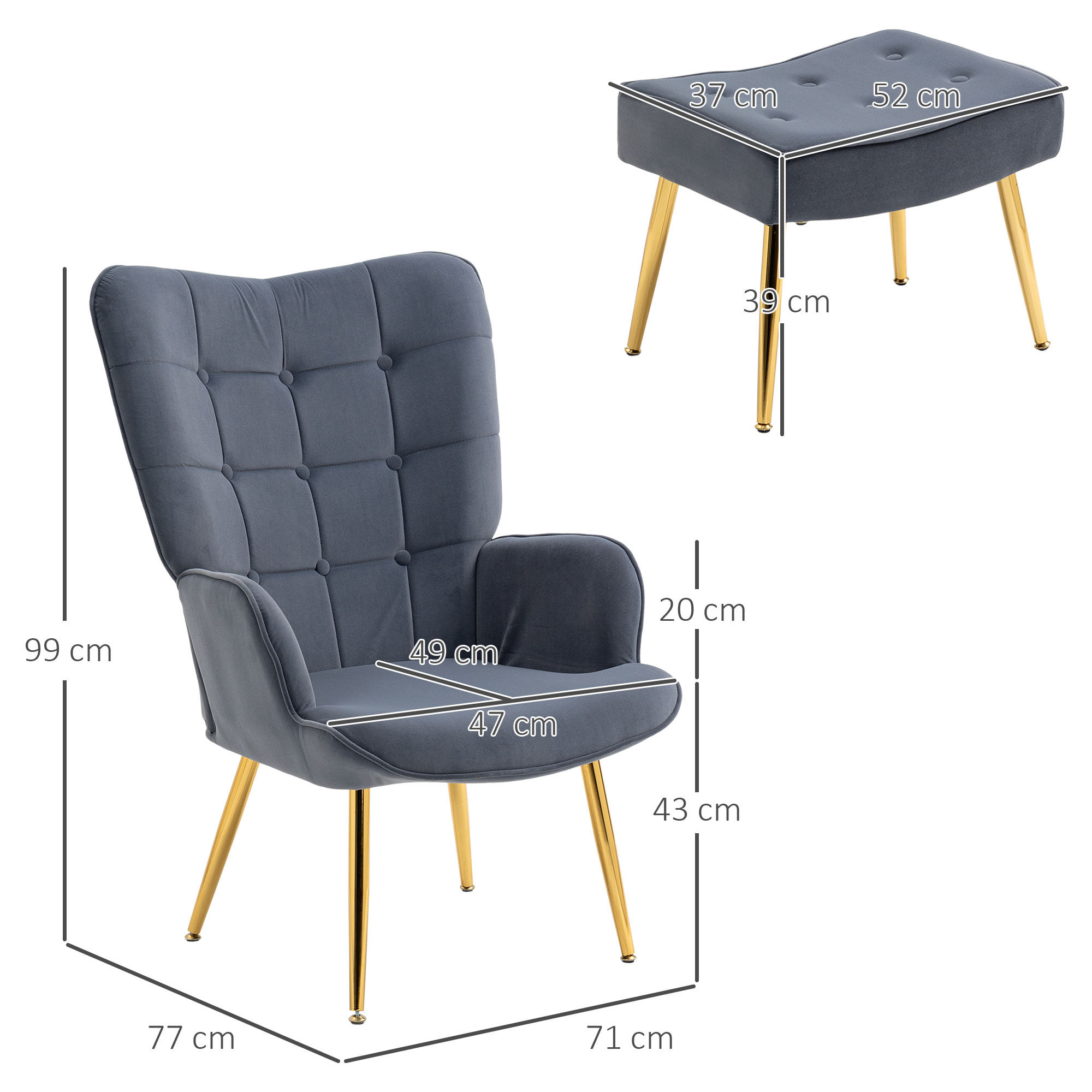 Fauteuil design à oreilles avec repose-pieds métal doré velours gris