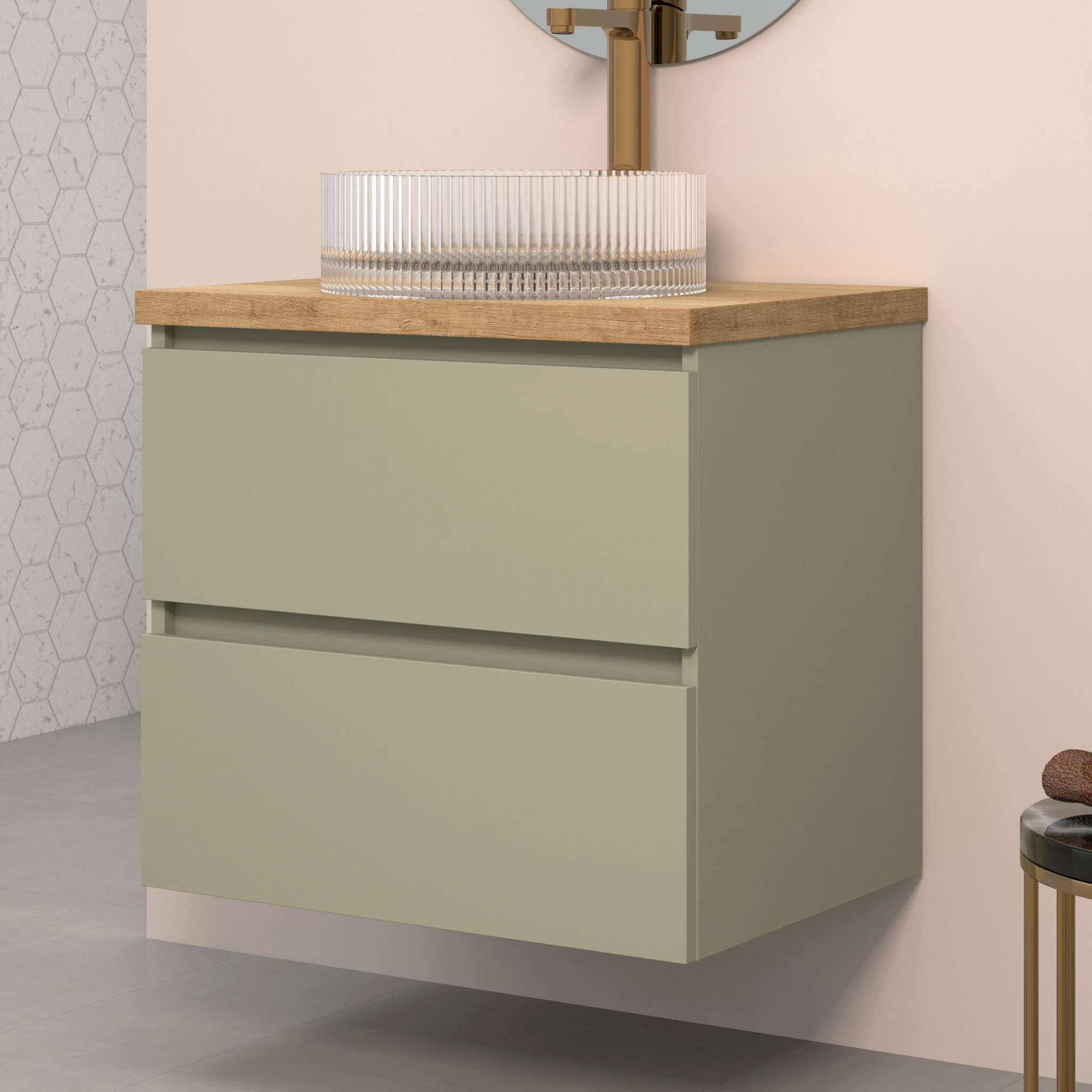 Ensemble de Salle de Bains Kub | 60 cm Vert Cactus| Deux Tiroirs | Évier en Verre | Miroir non inclus | Meubles Assemblés | Alday