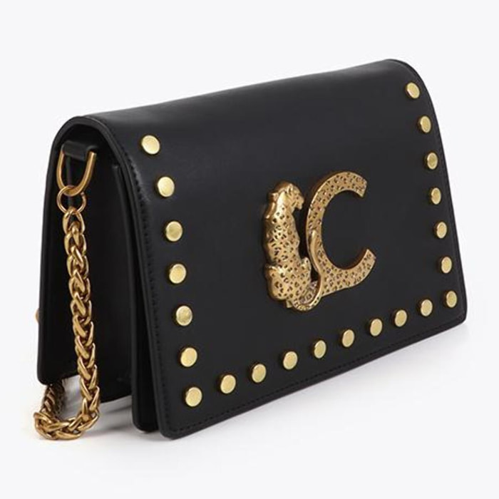 Borsa a tracolla con patta, stampa animalier LC, borchie