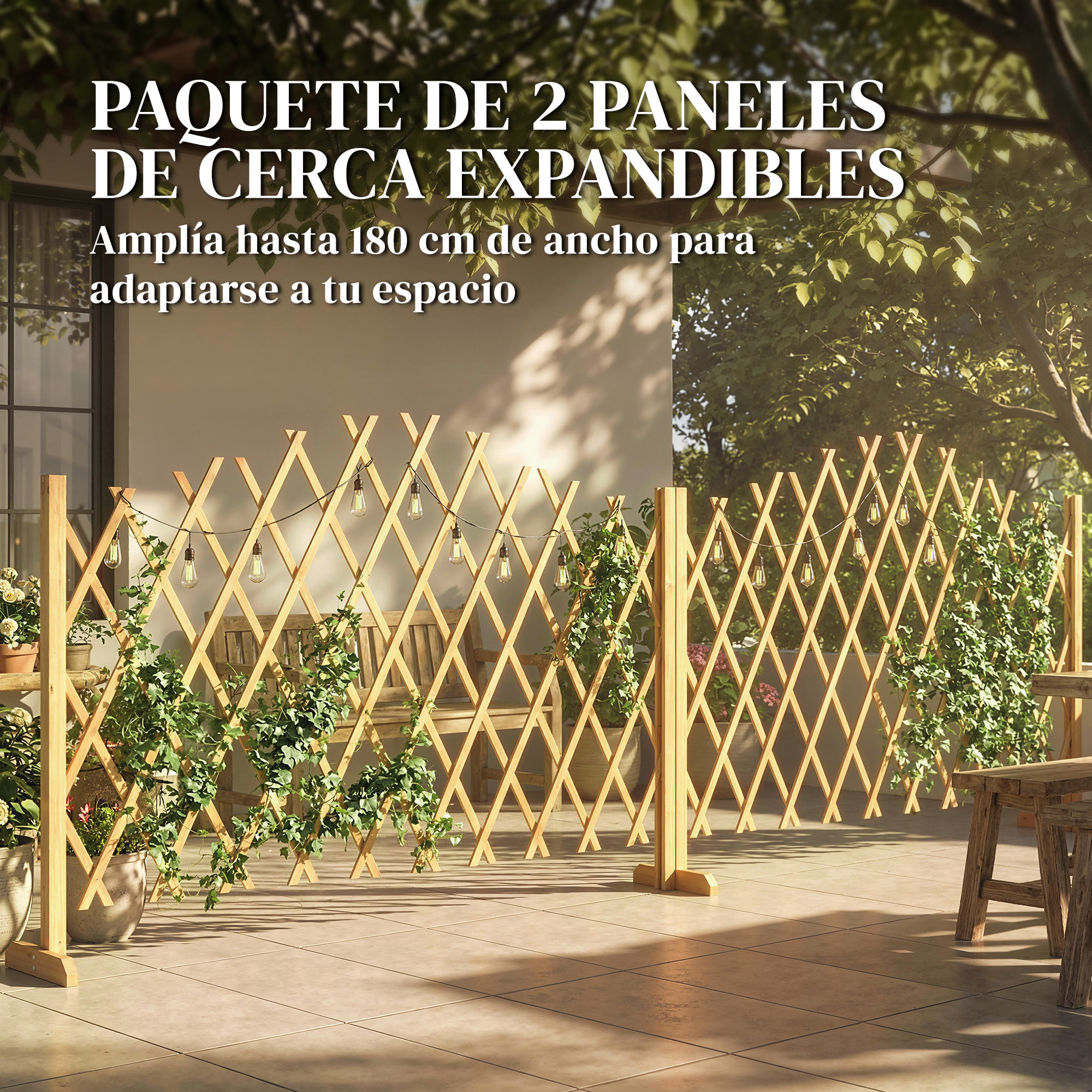Set de 2 Paneles de Vallas de Jardín Exterior de Madera, Puertas de Jardín Exterior Extensibles, Vallas de Jardín para Decoración Terraza, Patio, 180x30x103 cm, Natural