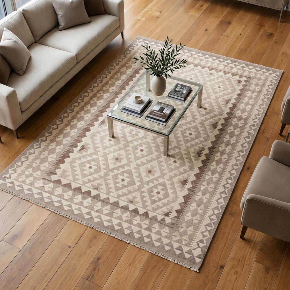 Tapis kilim, motif géométrique artisanal, tissé à plat, VOTUJU