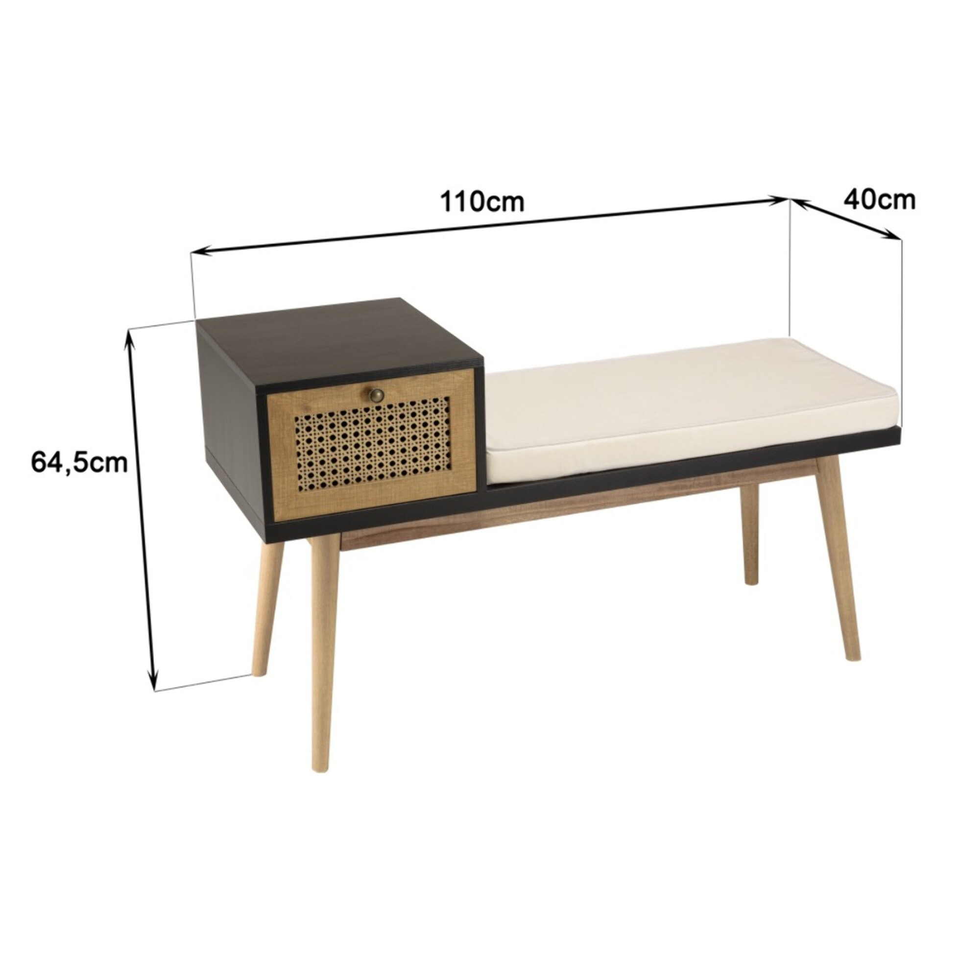 CHARLIE - Banc assise noire 1 tiroir effet cannage marron
