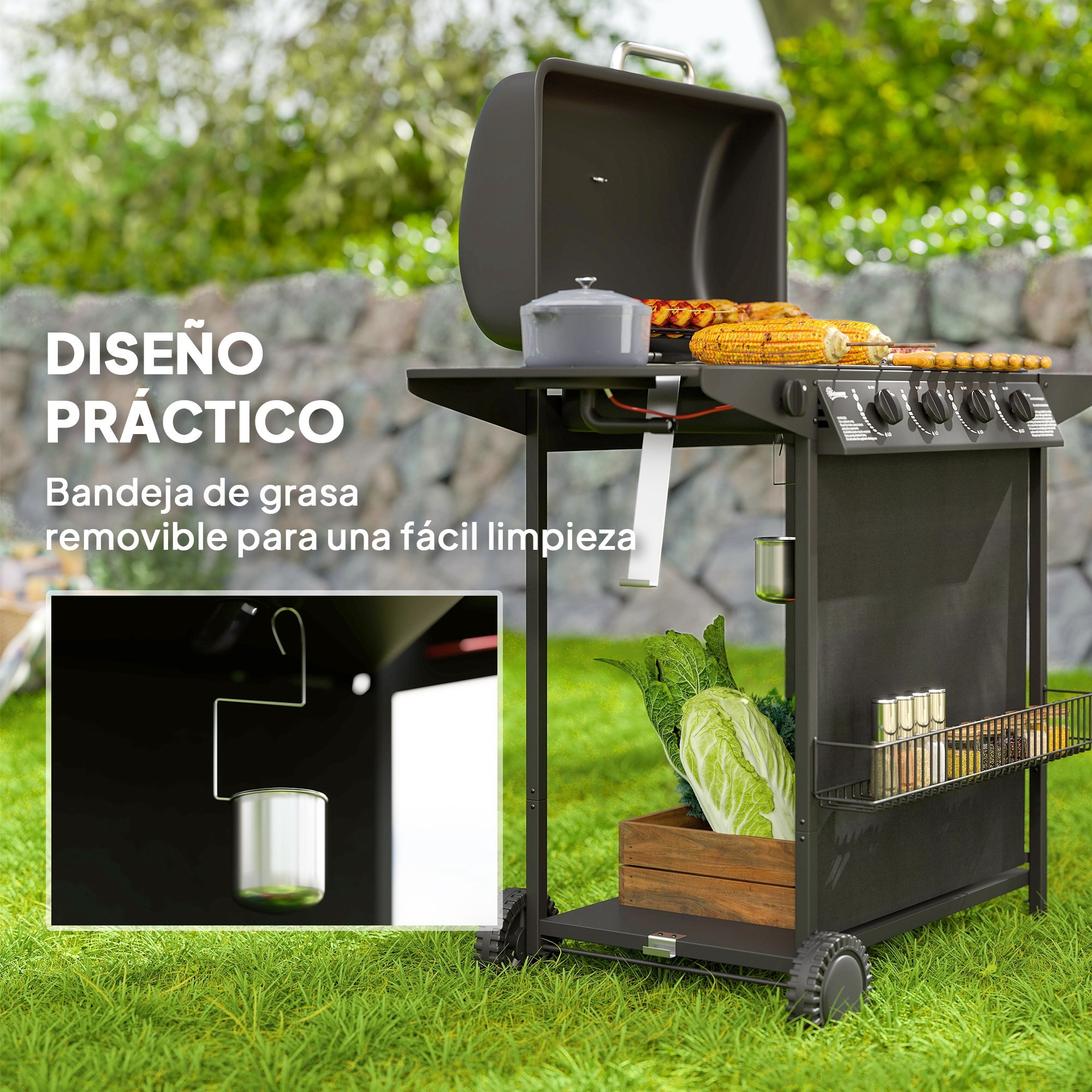 Barbacoa de Gas BBQ Gas con 4+1 Quemadores 12 kW Barbacoa Portátil con Termómetro Mesa Lateral Estante Especiero Parrilla Recogedor de Grasa 2 Ruedas para Jardín Exterior Camping Negro