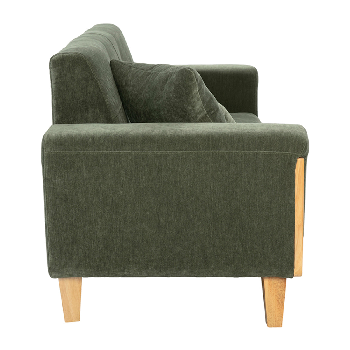 Canapé scandinave 3 places en tissu effet velours vert kaki et bois clair FJORD