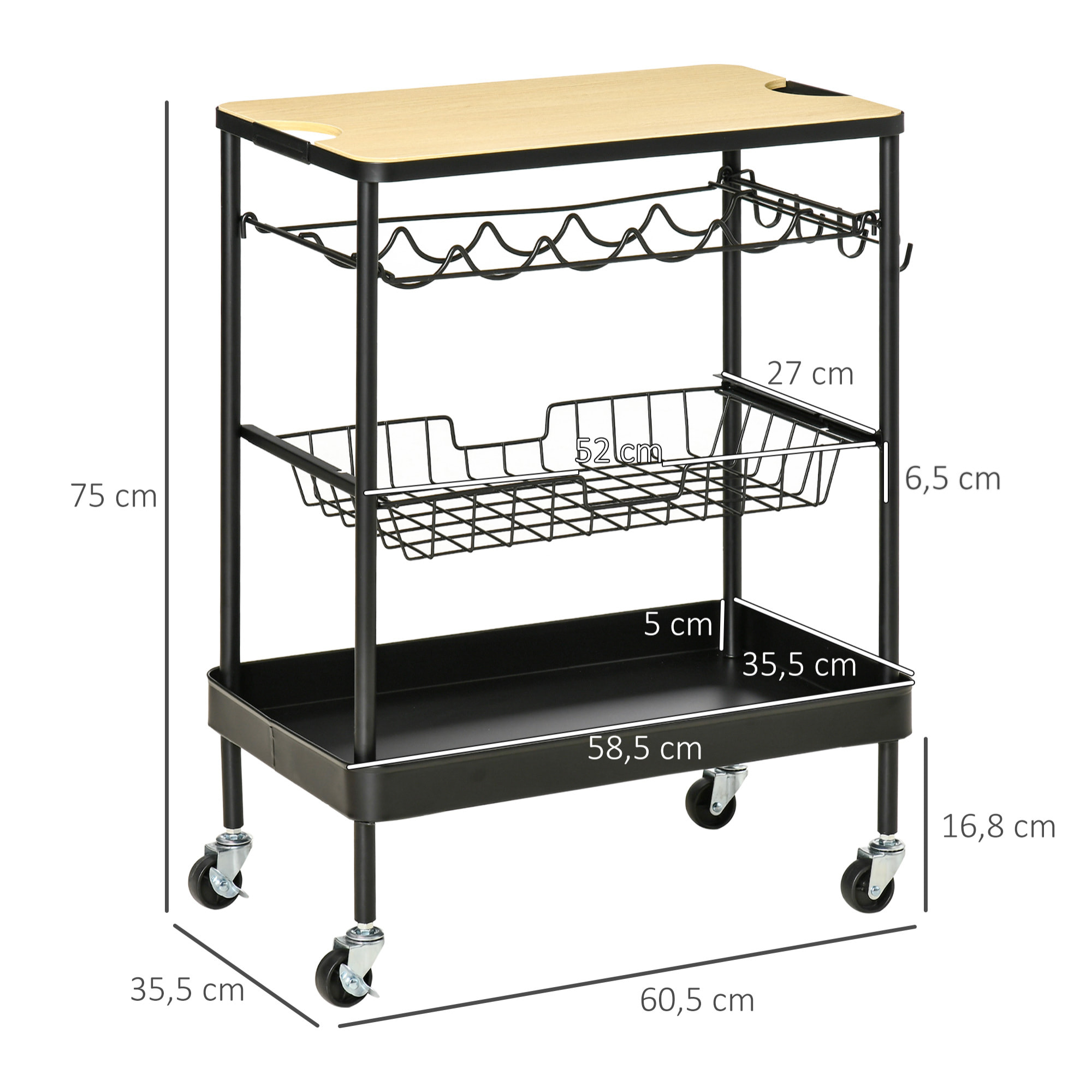 HOMCOM Carro de Cocina con Ruedas Carrito de Servicio Multiuso con Botellero Cesta Extraíble Bandeja y 4 Ganchos para Comedor Salón 60,5x35,5x75 cm Negro y Roble