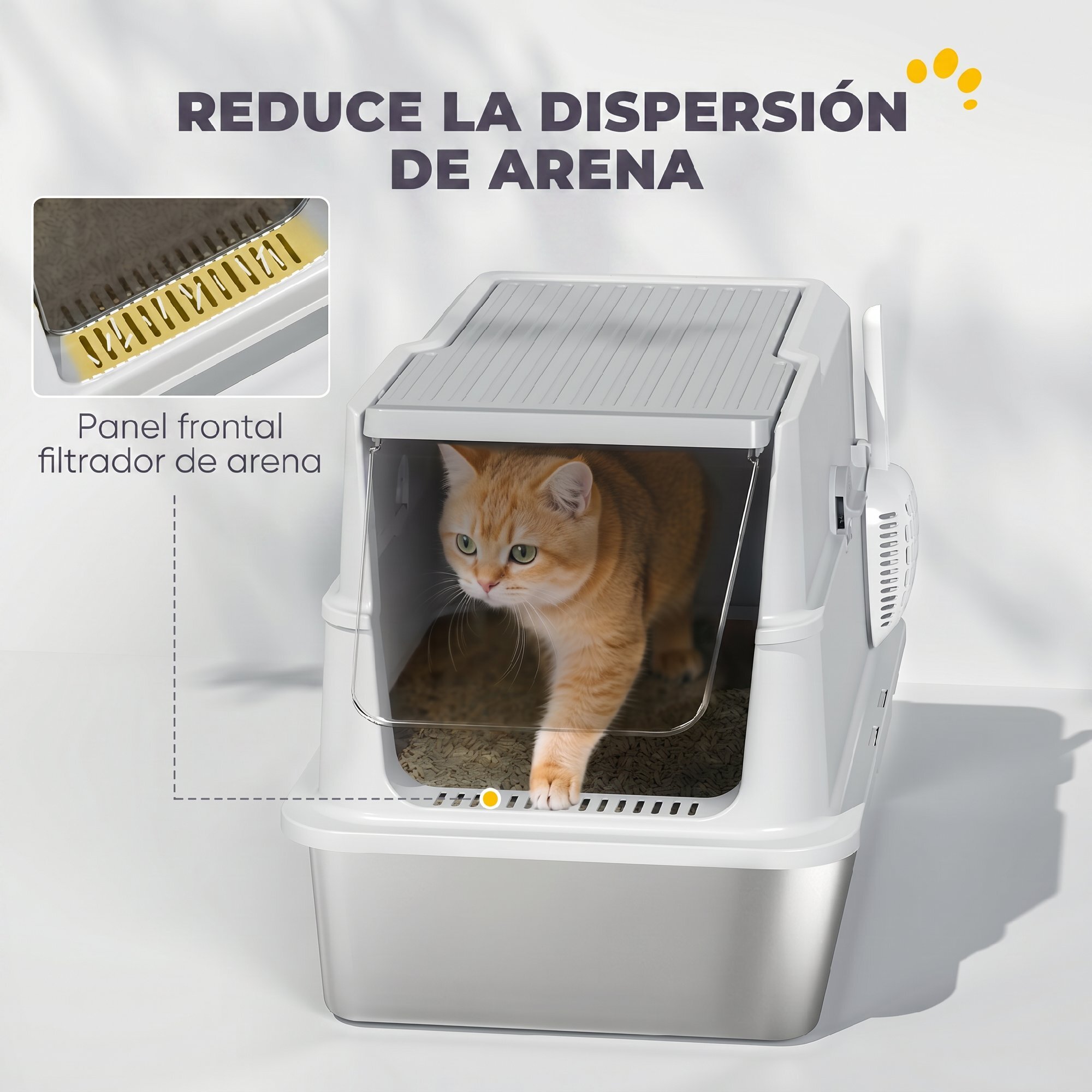 PawHut Arenero para Gatos de Acero Inoxidable XL, Caja de Arena Cerrada para Gatos Grandes, Arenero Extragrande con Tapa Abatible, Borde Alto, Pala, Fácil de Limpiar, Antifugas, Gris Claro