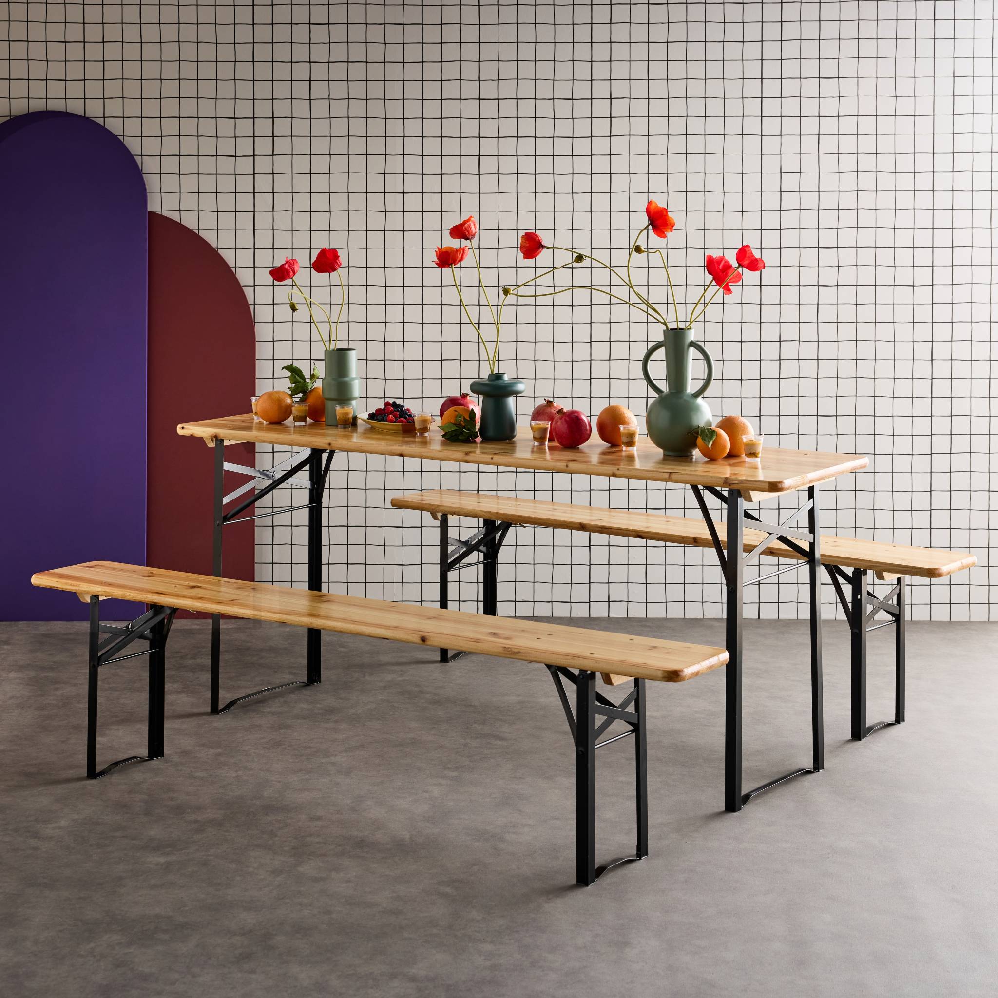 Table de jardin pliante bois de sapin + 2 bancs BAYONNE – Esprit brasserie. pliable. 6 personnes