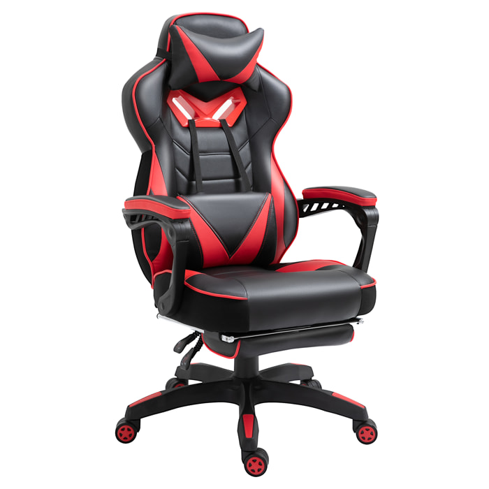 Vinsetto Fauteuil de bureau gamer style baquet racing - pivotant, inclinable - coussin lombaire, tétière, repose-pieds inclus - revêtement synthétique rouge noir