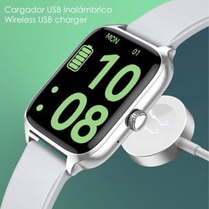 Smartwatch DT116 con cardiofrequenzimetro, schermata di accesso rapido, notifiche, accesso assistente vocale.