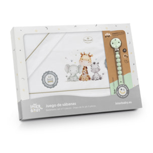 Juego de Sábanas para Cuna mod. Estampado Jirafa Elefante con Broche Muselina