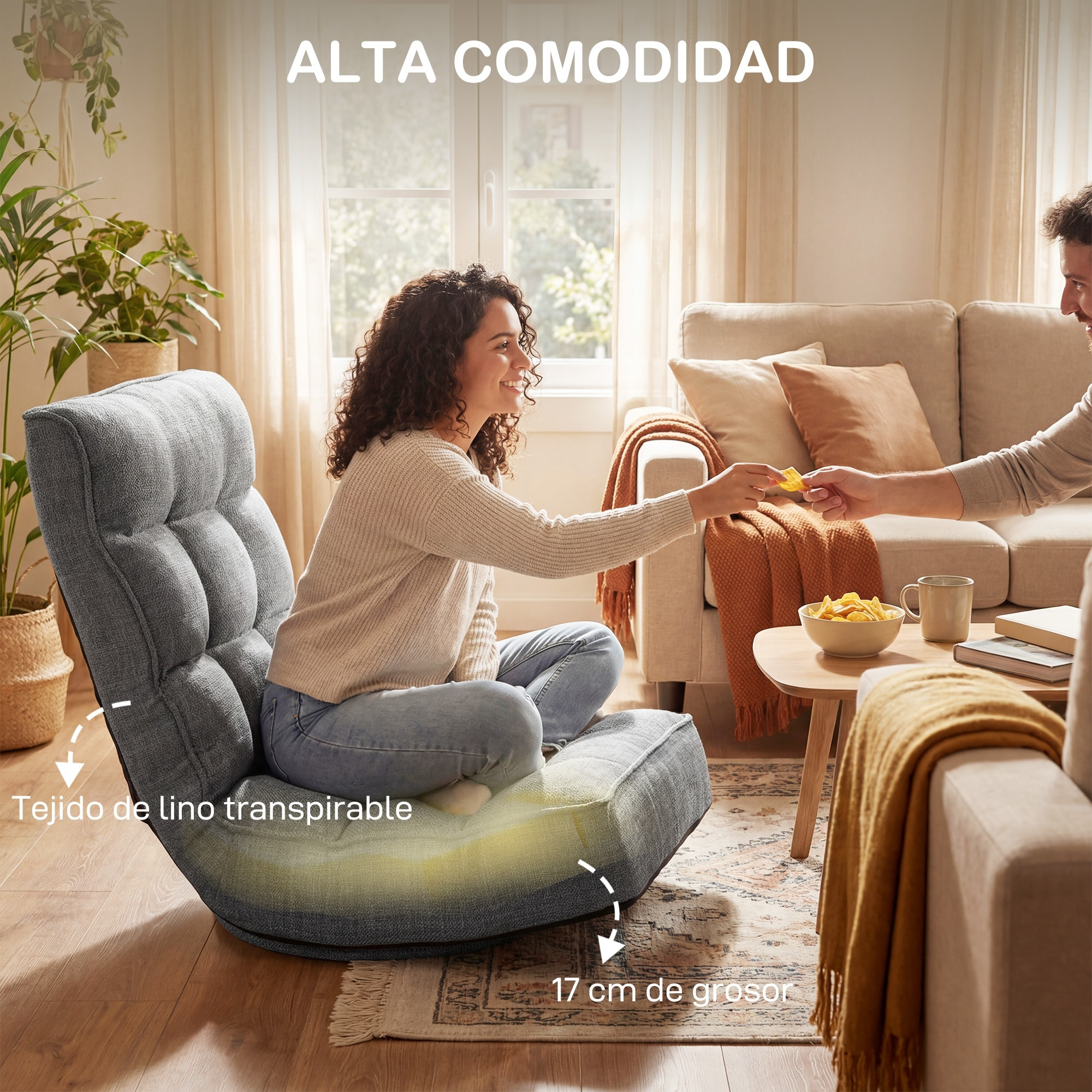 Silla de Suelo Plegable, Silla de Lectura Giratoria 360° con Respaldo Ajustable en 5 Posiciones, Sofá de Suelo de Lino y Acolchado, para Meditación y Gaming, 58x107x79 cm, Gris