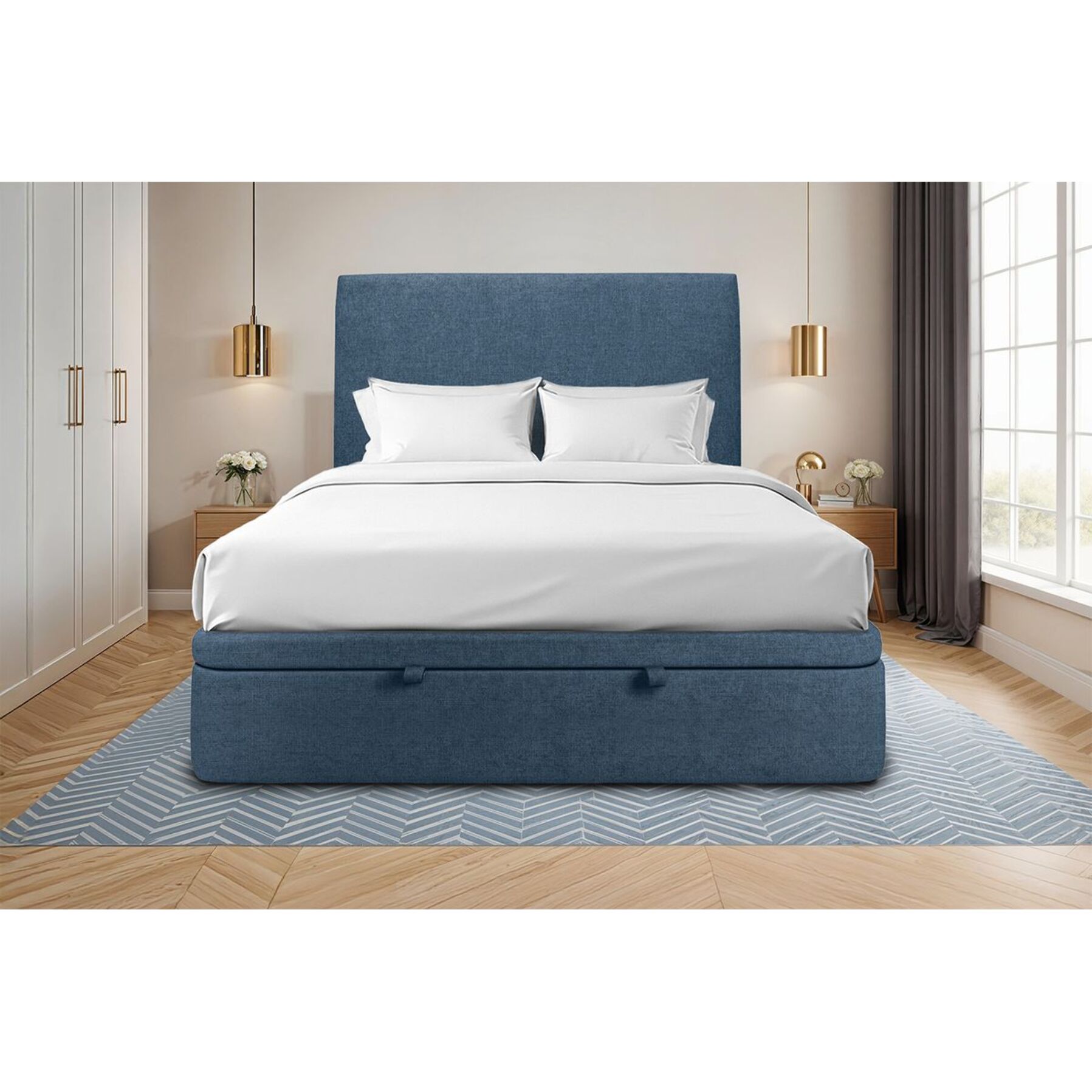 Lit avec sommier et tête de lit lisse - Toile nattée au style contemporain - Adapté à tous les matelas, montage rapide - Design épuré - Hauteur Totale : 39 cm