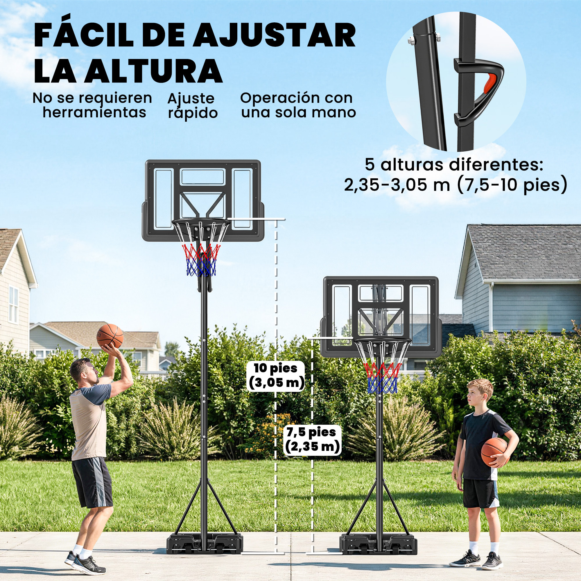 Canasta de Baloncesto para Exterior, Altura Ajustable de 5 Niveles, 235-305 cm, Canasta de Baloncesto Portátil con Ruedas, Base Rellenable y Bolsa de Peso, para Adultos y Adolescentes