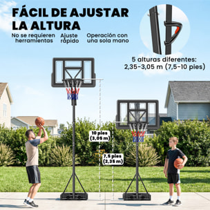 Canasta de Baloncesto para Exterior, Altura Ajustable de 5 Niveles, 235-305 cm, Canasta de Baloncesto Portátil con Ruedas, Base Rellenable y Bolsa de Peso, para Adultos y Adolescentes