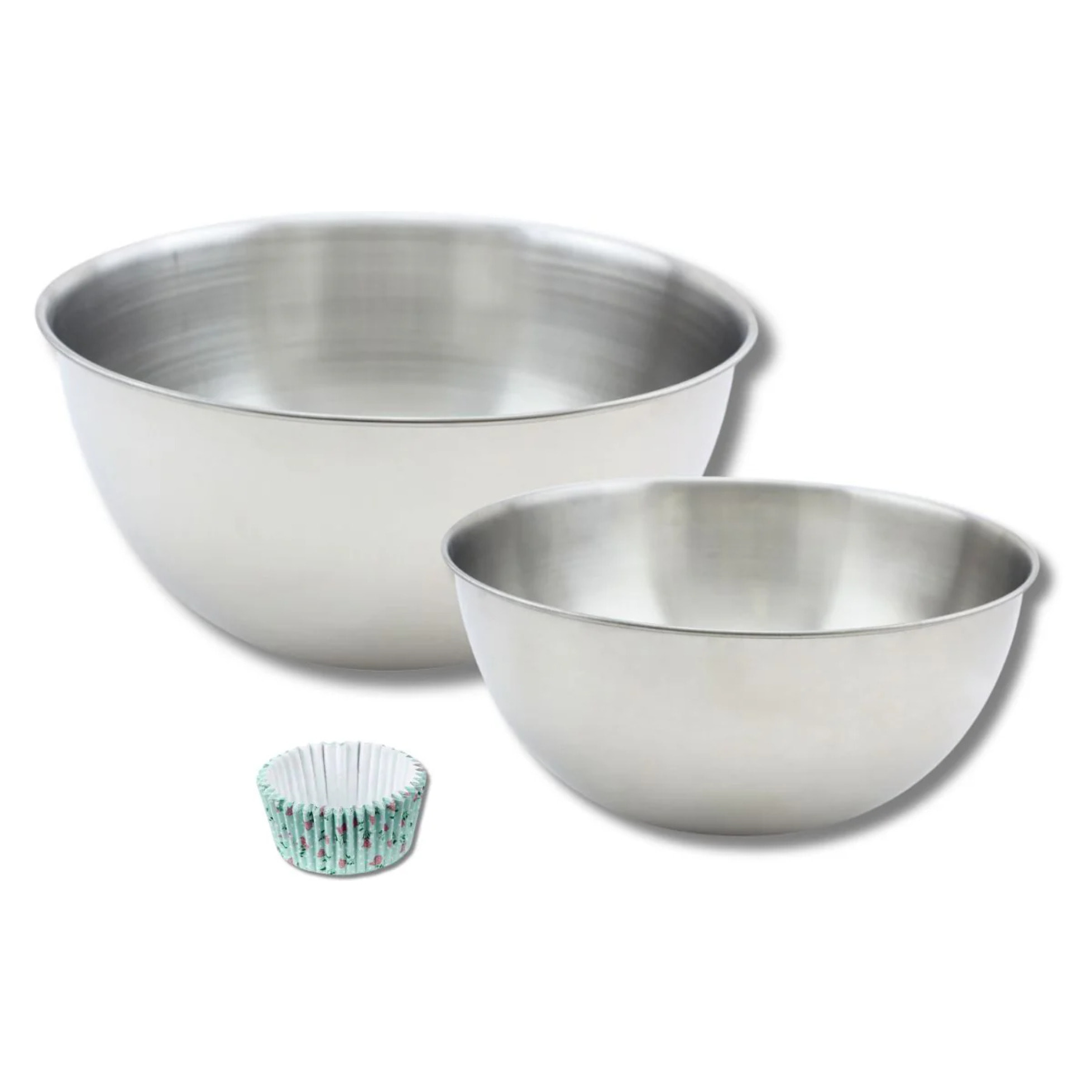 Lot comprenant 50 moules à muffins papier vintage, 1 spatule Zenker et 2 bols à mixer en inox Fackelmann