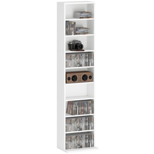 Estantería para CDs y DVDs Soportes para CD Estrechos con 9 Compartimentos Estantes Ajustables para Salón Oficina 33x24x140 cm Blanco