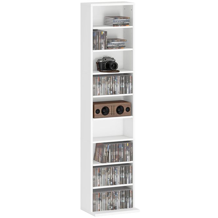 Estantería para CDs y DVDs Soportes para CD Estrechos con 9 Compartimentos Estantes Ajustables para Salón Oficina 33x24x140 cm Blanco