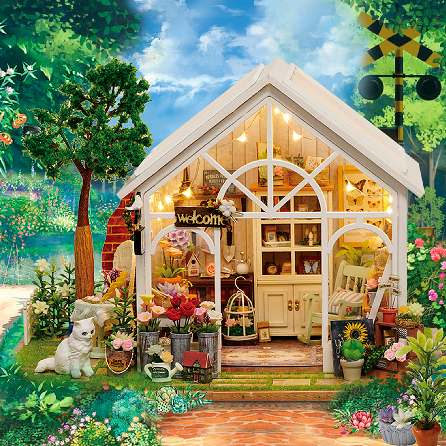 Invernadero con girasoles. Maqueta 3D realista con gran detalle y luces led.