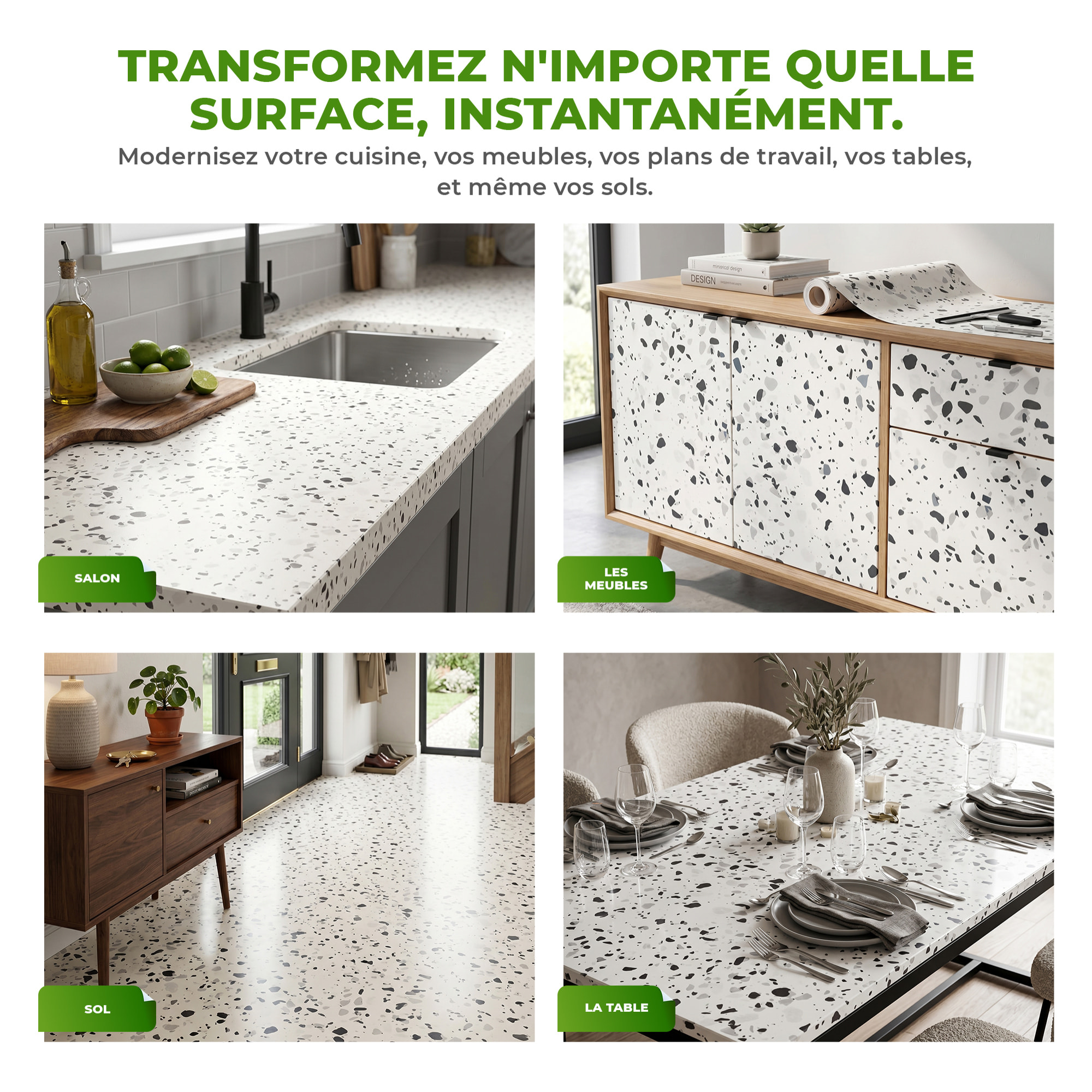 Rouleau adhésif sol terrazzo anti-dérapant étanche au mètre - Sticker Sol avec laminat de Protection en Plastique Anti-dérapant