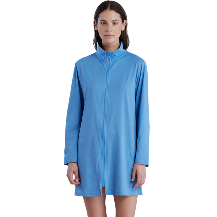 Vestaglia donna in cotone manica lunga con chiusura zip in colore azzurro Noidinotte