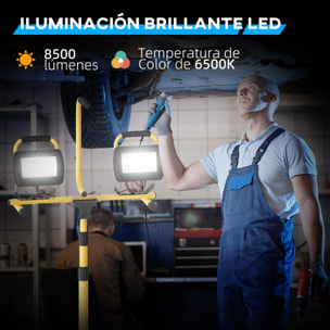 Foco LED Doble Recargable de Aluminio con Trípode Plegable 8500 Lúmenes IP65 6500K y Cabezas Ajustables para Trabajo Interior y Exterior Amarillo y Negro