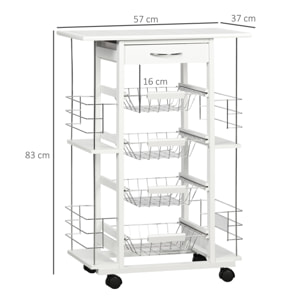 HOMCOM Carrito de Cocina con Ruedas Carrito Verdulero con Encimera Baldosado Cajón 4 Cestas de Metal y 4 Especieros Laterales para Comedor 57x37x83 cm Blanco