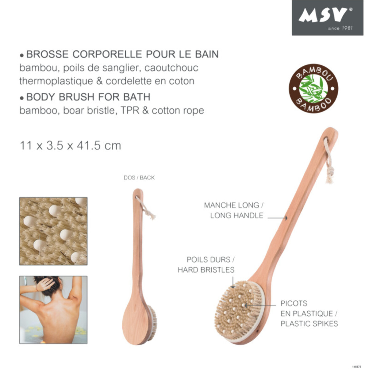 Brosse de bain en bois exfoliante avec manche long MSV