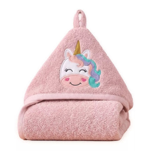 Cape de bain enfant pur coton 420 g/m² brodé rose Petite licorne rose