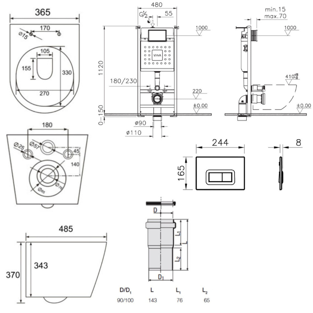 Pack WC Bâti-support Vitra V-Fix Core + WC SAT Infinitio sans bride + Plaque Blanc brillant