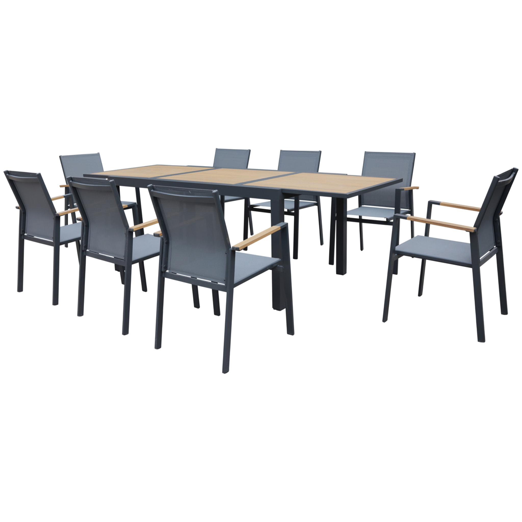 Salon de jardin PALERMO extensible en textilène gris 8 places - aluminium anthracite et effet bois