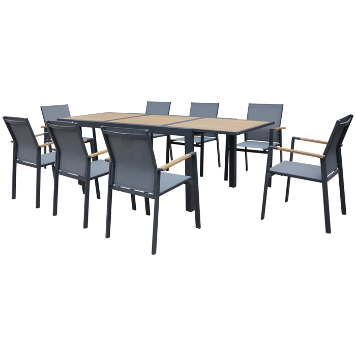 Salon de jardin PALERMO extensible en textilène gris 8 places - aluminium anthracite et effet bois