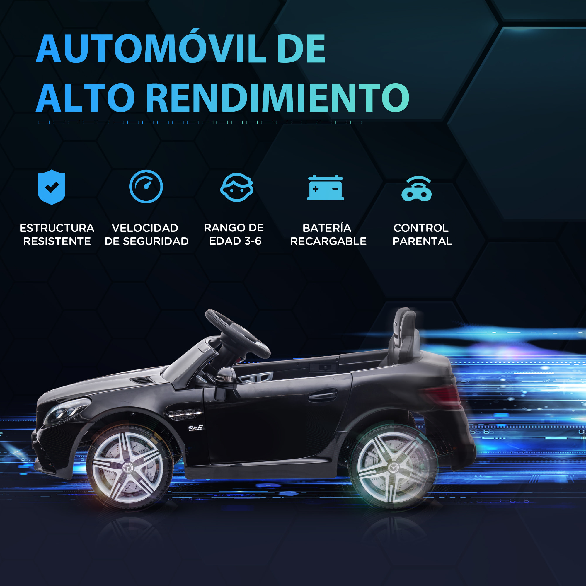 Coche Eléctrico para Niños de +3 Años, Mercedes SLC 300, Coche Eléctrico 12V, con Mando a Distancia 2,4 G, Ruedas Traseras con Suspensión, Faros LED, Música, USB, Motor Doble, Negro