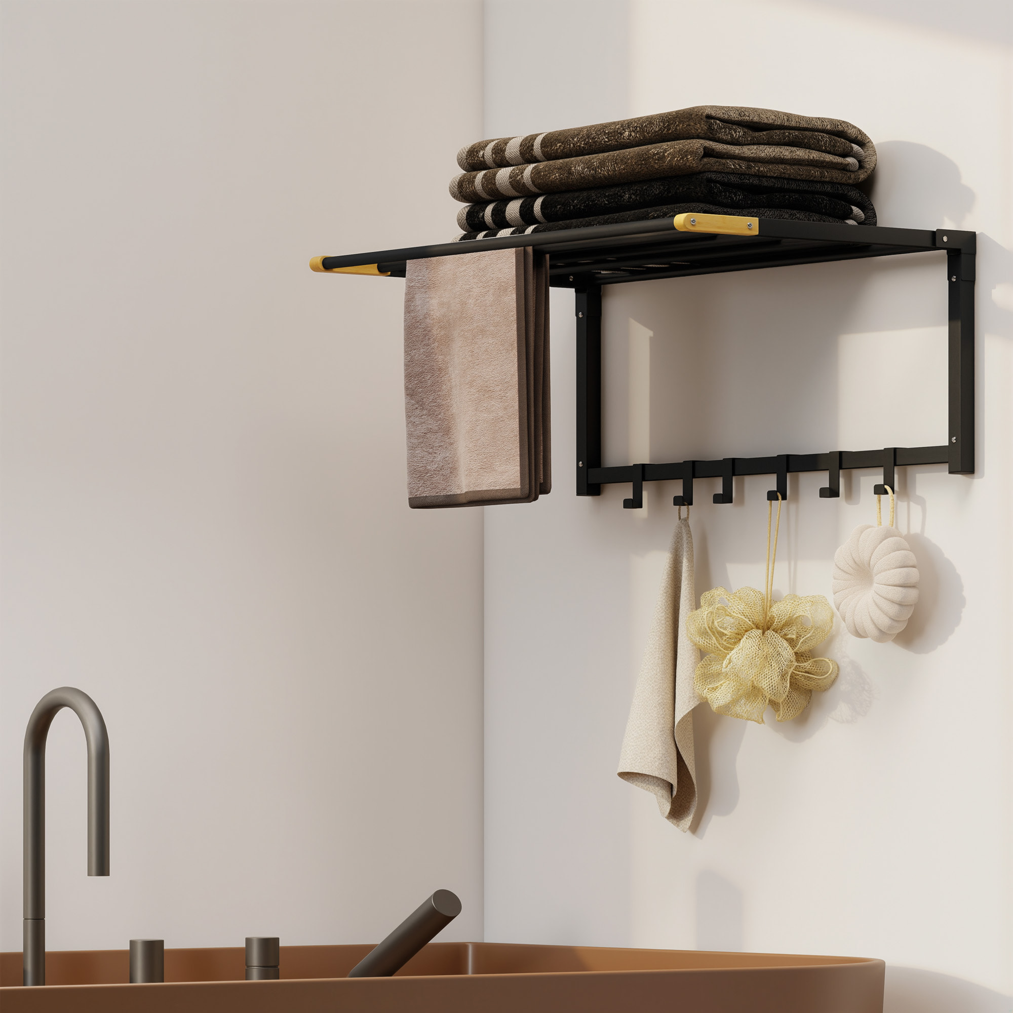 Toallero de Baño de Pared, Toallero Plegable con 5 Barras y 6 Ganchos, para Toallas, Baño, 60 cm, Negro