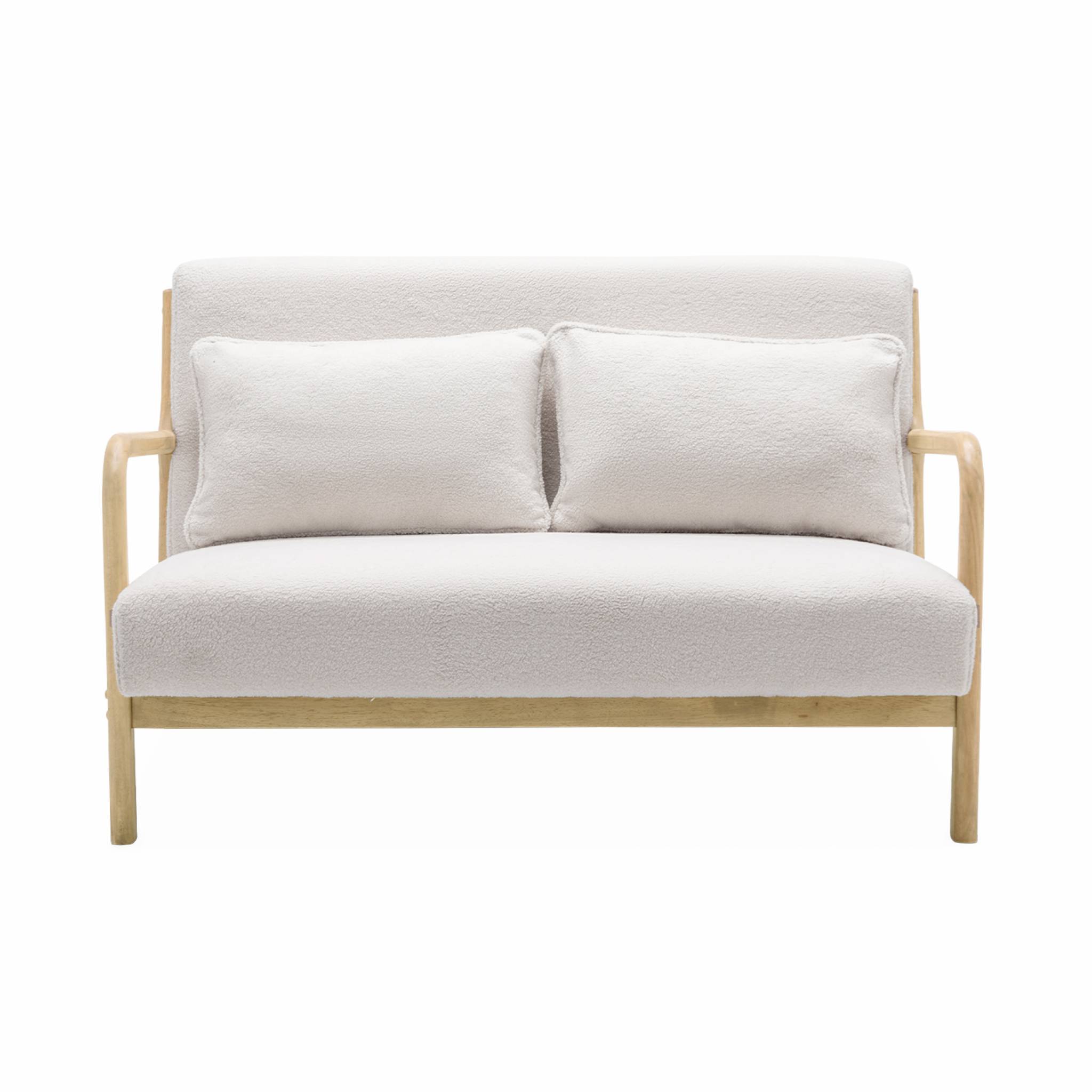 Banquette 2 places scandinave en bois et tissu bouclette. Lorens. L 124 x P 83 x H 77cm