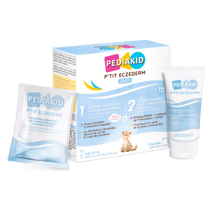 PEDIAKID - P'tit Eczederm Duo - Duo complet IN & OUT - Complément alimentaire probiotiques & crème apaisante naturelle - Peau sensible & sèche -  21 sachets + 1 tube