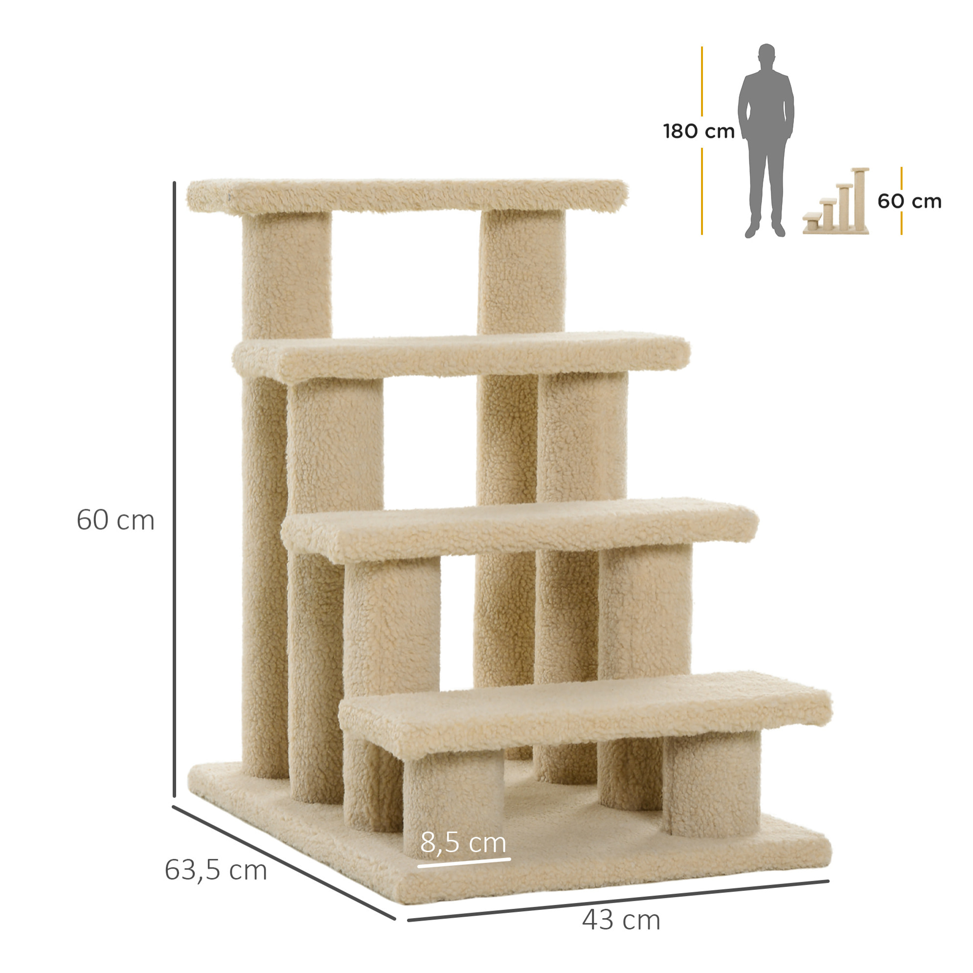 Escalier pour chat - escalier pour chien - 4 marches - revêtement flanelle grande douceur haute densité - structure panneaux particules - beige