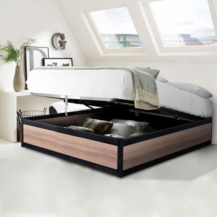 Ensemble lit coffre & matelas | Mémoire de forme, gel frais et mousse HD| Espace de Stockage jusqu'à 900 L | Robuste et Large Angle d’Ouverture | Bois et métal | Bois clair
