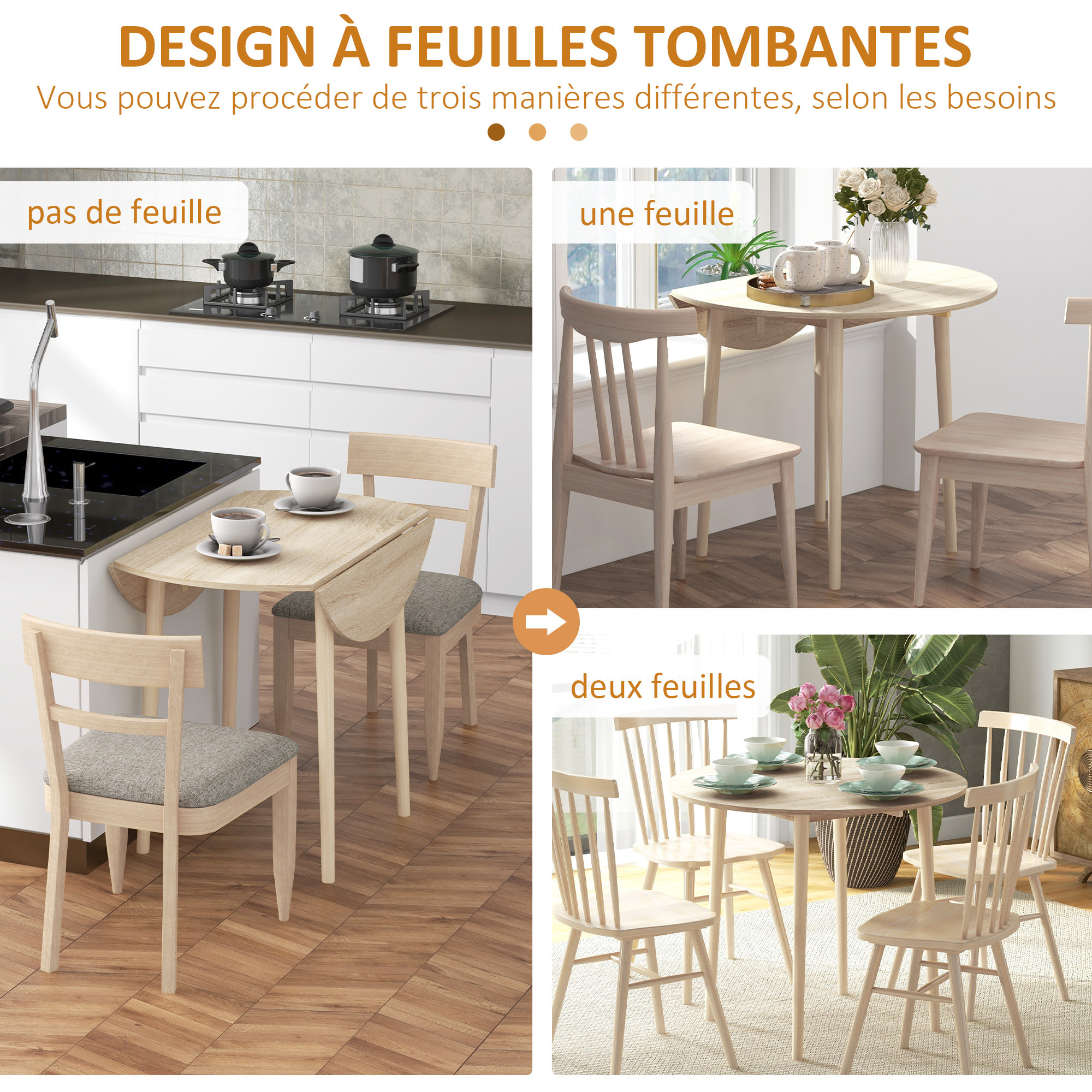 Table ronde de salle à manger cuisine pliable 2 abattants Ø 89 cm bois de pin aspect chêne clair